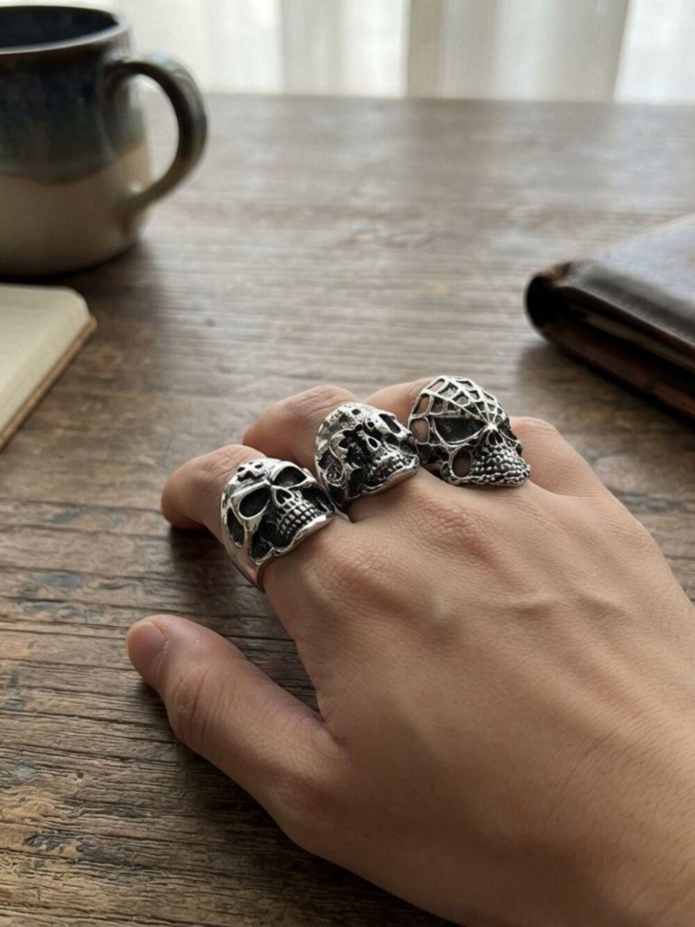 Mens punk gothic motorcycle skull rings pack Antique silvery rings set